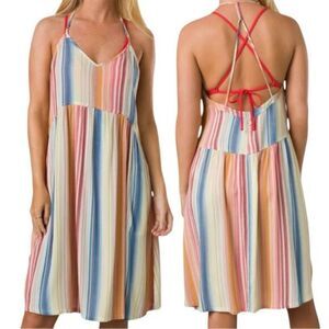 prAna Fergie Dress Boho Sundress Beachy Gauzy Linen Look Dress Baja Stripe Sz S